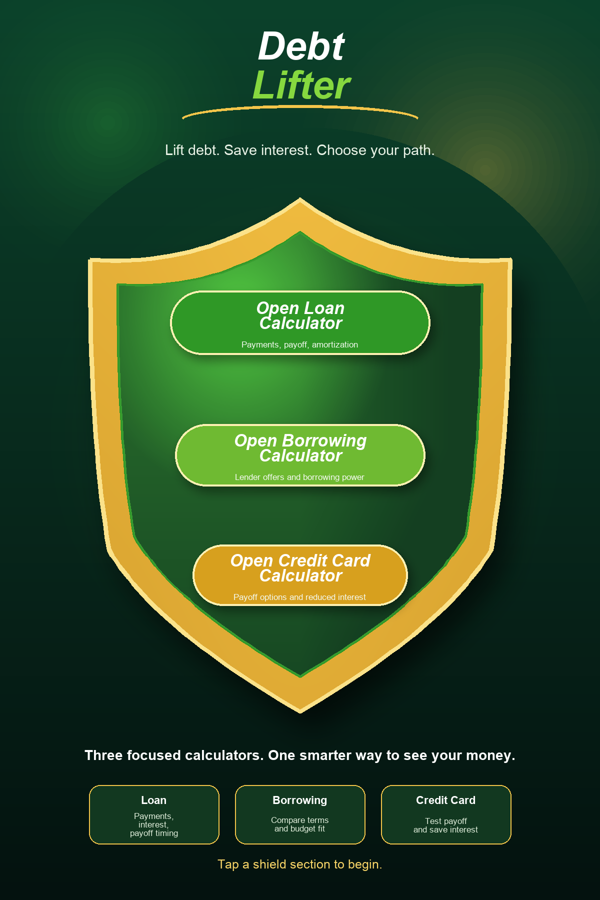 Debt Lifter launch screen with three calculator choices